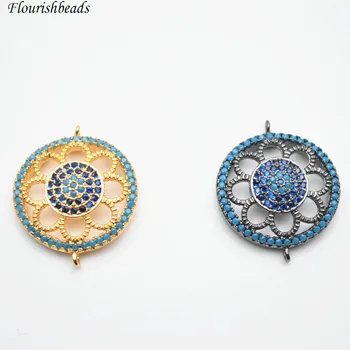 

18mm Hollow Out Sun Flower Paved Colorful CZ Beads Metal Copper Round Charm Two Loops Jewelry Connectors fit Bracelets Making