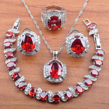 

Bridal jewelry Amazing Red Zirconia Jewelry Sets For Women Earrings Necklace Pendant Ring Bracelets Russian Style JS0238