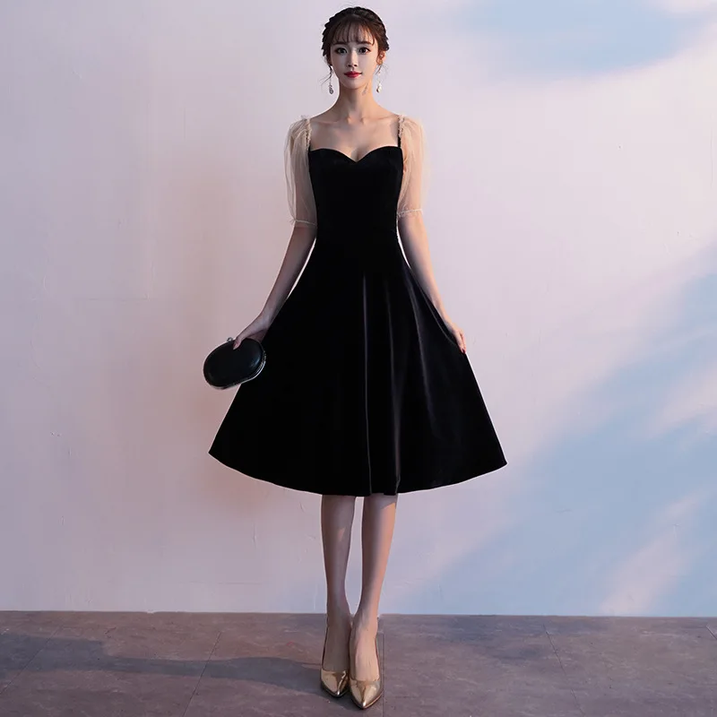Черные платья для выпускного на молнии Фонари рукавом с рукавом 1/2, для вечеринок платья Элегантный v-образным вырезом на молнии Короткие вечерние селфи-палка со штативом, Bluetooth E054 - Цвет: black