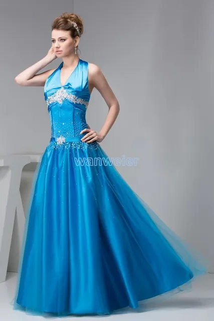 2018 new design gown brides maid hot sale blue appliques beading beach halter Custom size evening mother of the bride dresses 1