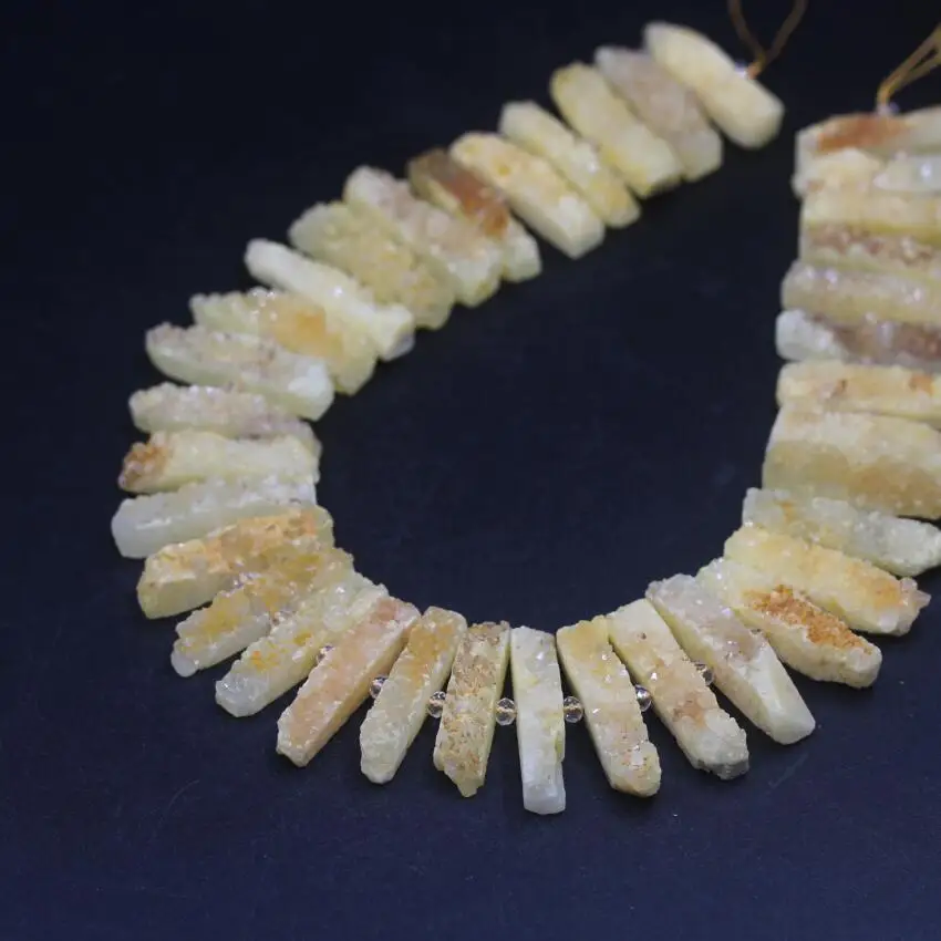 

15.5"Strand Raw Yellow Quartz Druzy Geode Slice Point Loose Bead,Centre Drilled Natural Agates Drusy Slab Nugget Pendant Jewelry