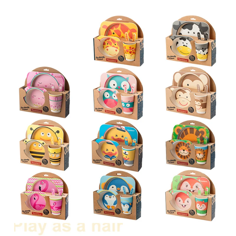 

5 Pcs Cartoon Animal Children's Bamboo Fiber Cutlery Set Baby Green Table Fork Cup Bowl Cartoon Dinner Tableware