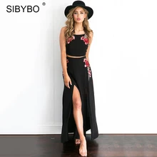 Sibybo Для женщин летнее платье 2018 черный Вышивка роковой из двух предметов Vestidos сексуальные высокие Разделение длиной макси-Бич Платья для вечеринок