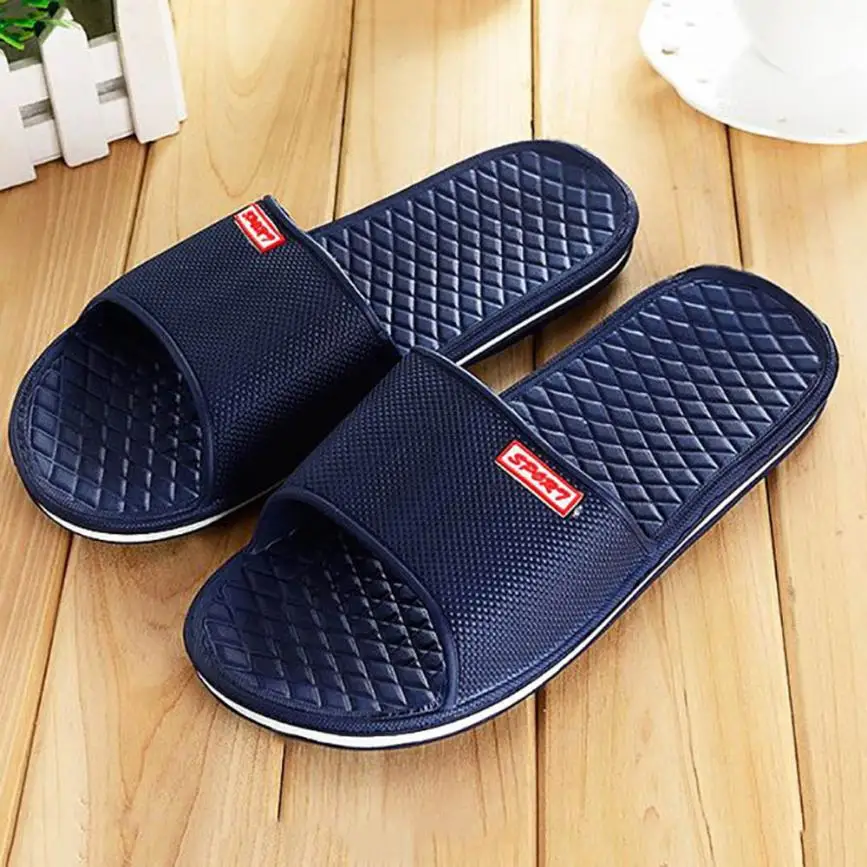 Для мужчин однотонные Тапочки для ванной, на плоской подошве, летние сандалии для дома и прогулок; модные тапочки Для Мужчин's модные шлепанцы - Цвет: Dark blue