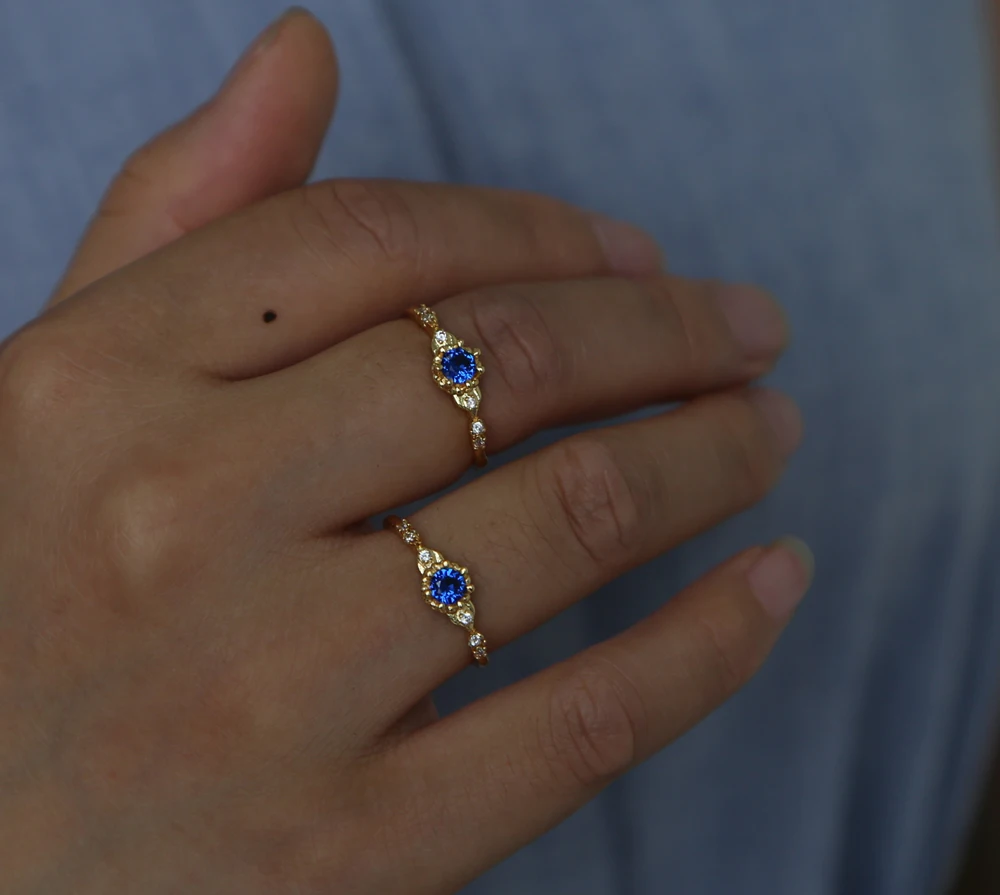 Simple Cubic Zirconia Small Stone Thin Ring Gold blue cz color Engagement Rings For Women Boho ...