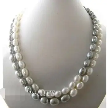 

19'' 2strands 9mm rice white gray freshwater pearl silver necklace