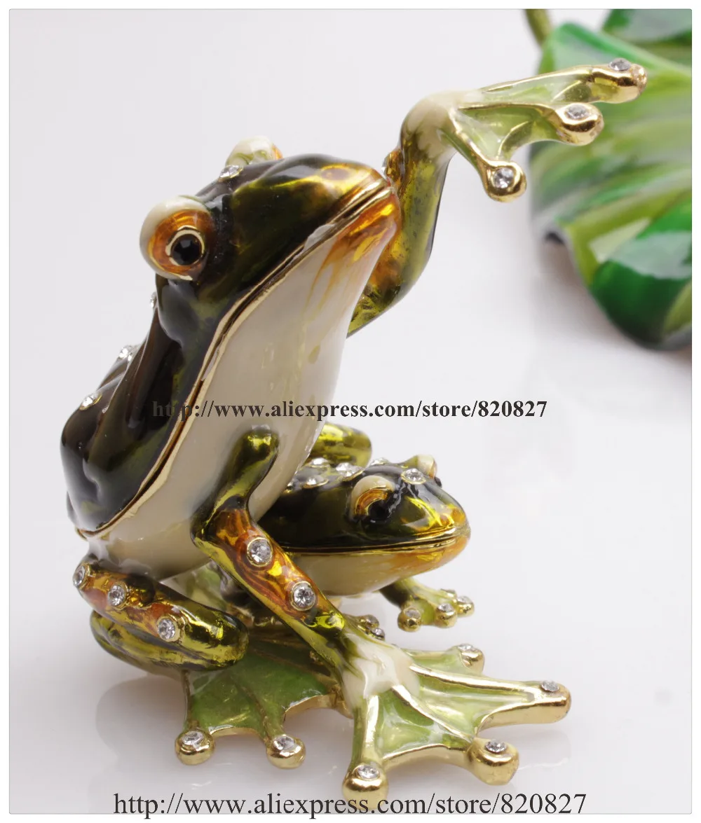 Crystal and Painted Metal 2 Frogs Treasure Keepsake Box Saying Hello Froggy Jewelry Trinket Box