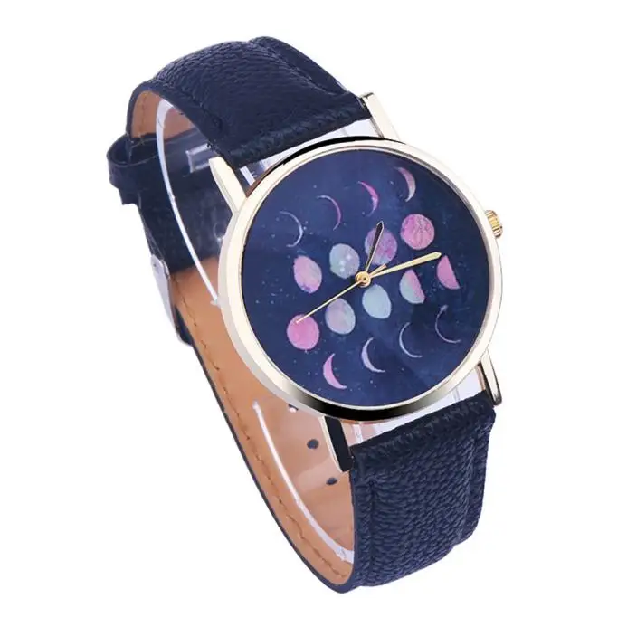 Women Lunar Eclipse Pattern Leather Analog Quartz Wrist Watchin Quartz