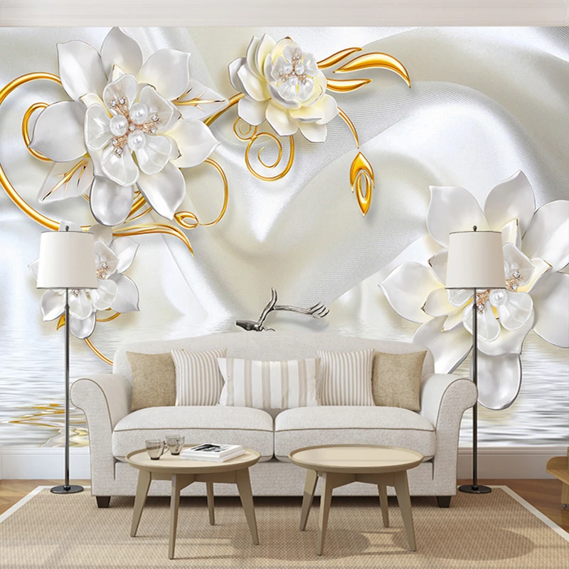 

Custom 3D Wall Murals Wallpaper Luxury 3D Relief Deer White Silk Pearl Jewelry Flower Large Wall Painting Living Room Bedroom