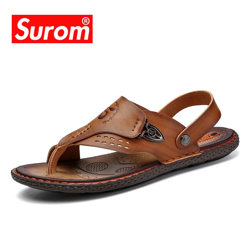 

SUROM 2018 Summer Beach Flip Flops Men's PU Leather Sandals Male Flat Slides Outdoor Rubber Thong Beach Shoes Male New