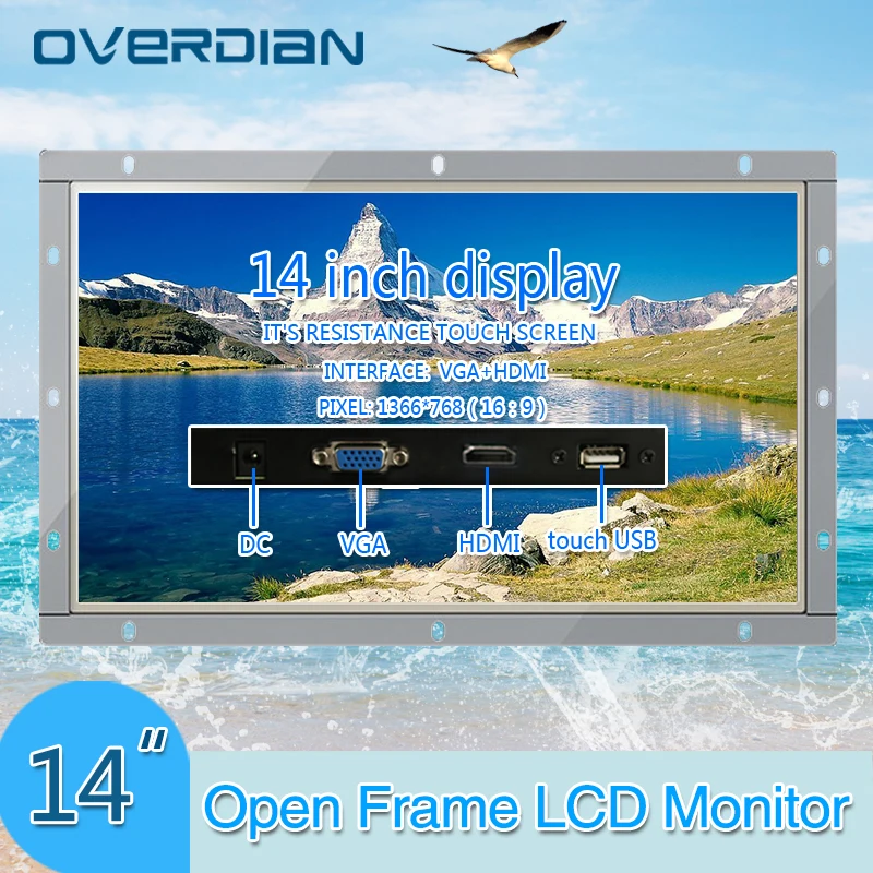 

14"Industrial Lcd Monitor VGA/HDMI/Touch USB Interface White Open Frame Resistance Touch Screen Metal Shell 1366*768