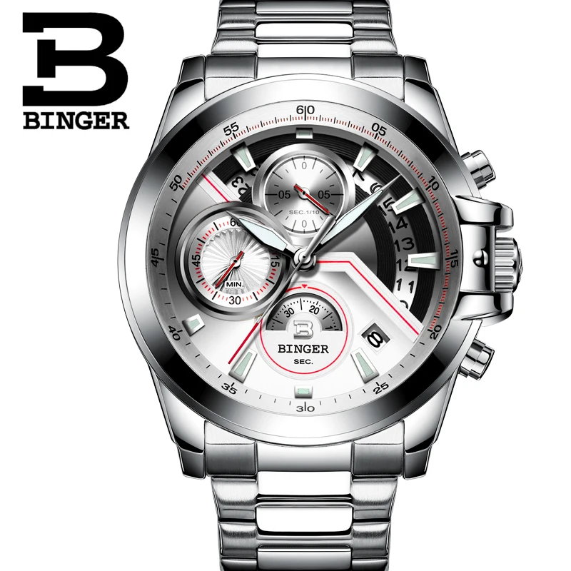 New Men's Watch Luxury Top Brand BINGER Big Dial Designer Chronograph Water Resistant full stainless quartz Wristwatches B-9016