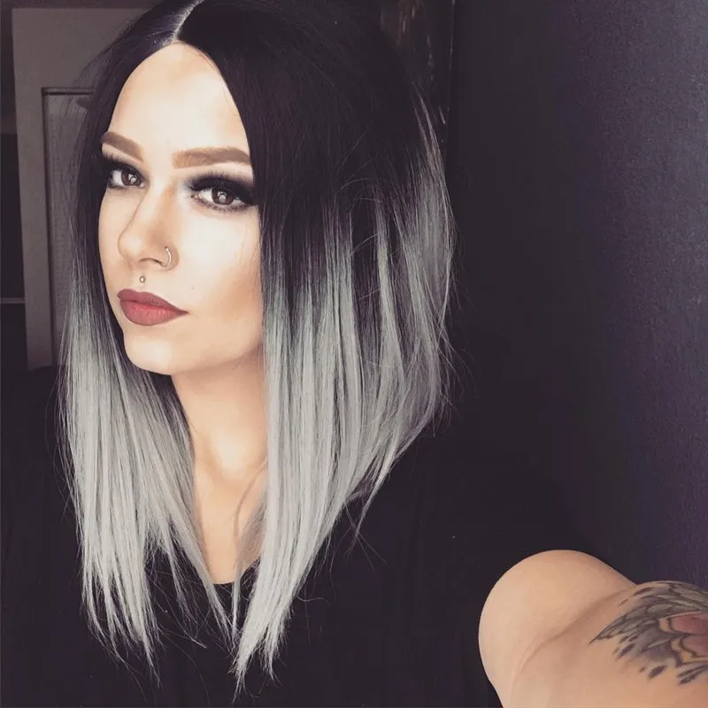 Omber Silver Gray Corto Pelucas Sinteticas Del Pelo Recto Natural Negro Gris Bob Peluca Para Mujer Blanco Negro A Prueba De Calor De La Senora Peluca Grey Bob Wig Wigs For Blacksladies Wigs