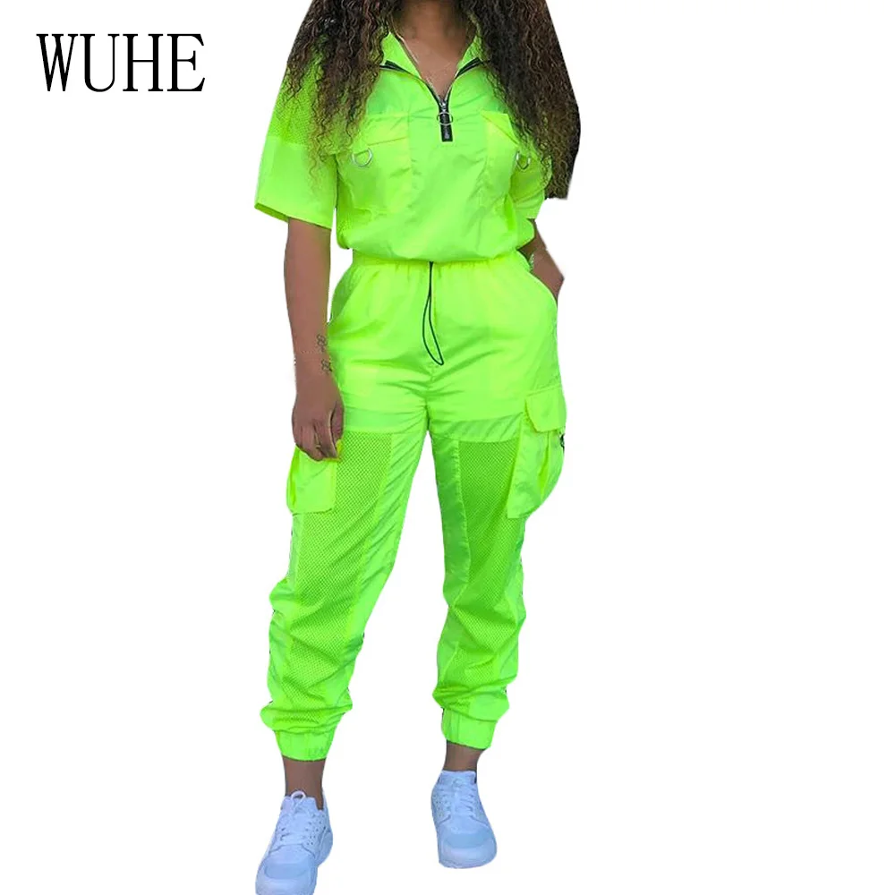 

WUHE Fluorescence Two Pieces Sets Summer Short Sleeve Zipper Turtleneck Tops and High Waist Long Pants Casual Streetwear Suits