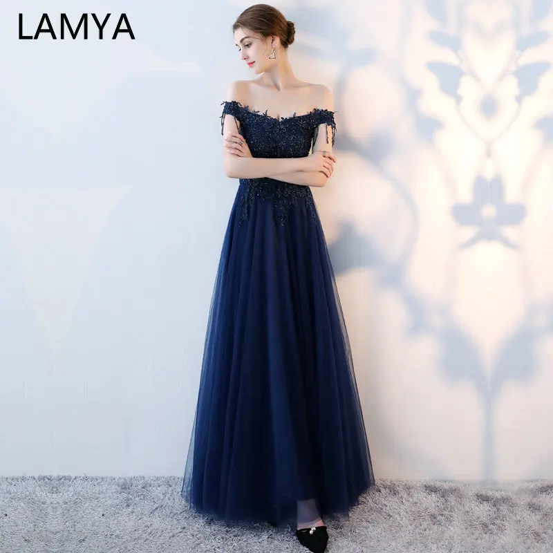 

LAMYA Blue Beading Tassel Prom Long Evening Dresses Elegant Lace Boat Neck Banquet Formal Party Gowns vestido de festa longo