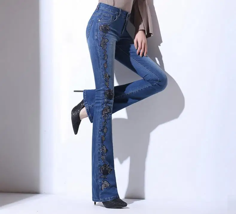 Весенние и осенние новые джинсовые штаны с высокой талией, расклешенные джинсы с вышивкой в стиле ретро, длинные джинсы
