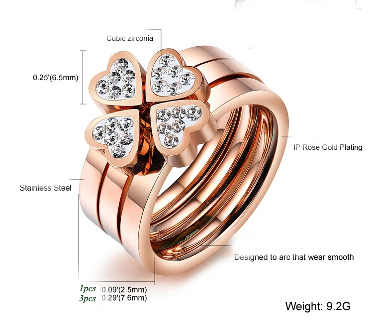 Новые модные ювелирные изделия Уникальные 3в1 кольца в виде сердца для женщин хирургическая сталь без никеля CZ кубический Клевер из циркония кольца Горячая Распродажа