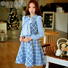 dabuwawa autumn winter 2016 new women’s v collar sleeveless slim waisted plaid dress women pink doll