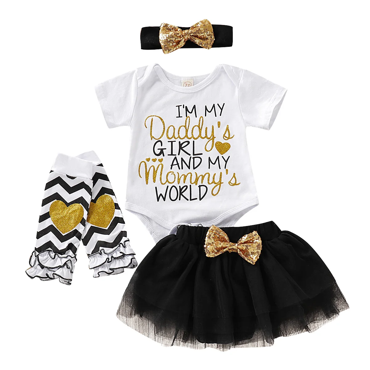 

4pcs Infant Baby Girl Outfits Letter Print Romper Tutu Skirt with Headwear +Lace Long Socks Toddler Girl Suits D20