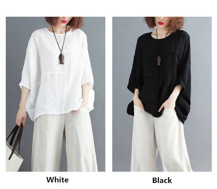 LZJN Summer Women Fashion Shirt Solid White Black Color Oversize Loose Tops Batwing Sleeve Casual Cotton Linen Blouse Plus Size (7)