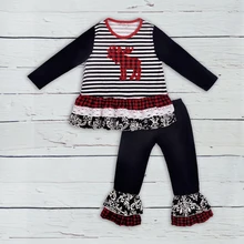 

Christmas Baby Outfits Girls Boutique Clothing Set Long Sleeves Applique Dresses Kids Striped Ruffle Pants Children Clothes