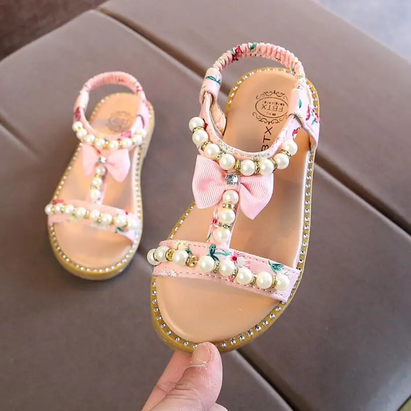 

2019 New Little girls Summer Pearl Sandals Bare Toes Princess Dress Shoes Beach Toddler Kids shoe Baby Sandals children flat