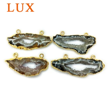 

Natural agate druzy geode slice connector 24k gold color plated edges pendants drusy charm for necklace making