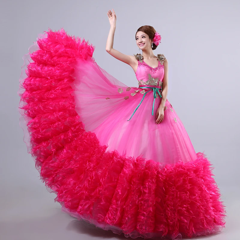 

100%real carnival hot pink full ruffled hem court medieval dress renaissance Gown queen Victorian /Marie/ Belle Ball/ball gown