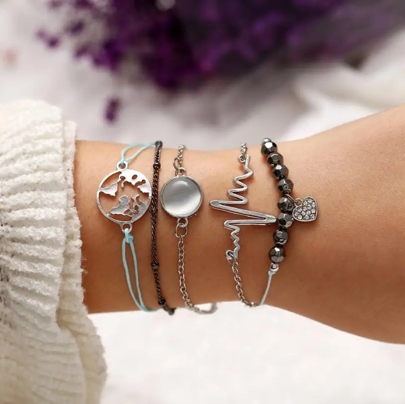 

PPG&PGG Bohemian Map Stone Beads Charm Bracelets Set For Women Fashion Shell Pineapple Tree Chain Link Bracelet Female Jewelry