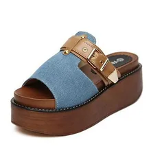 Women sandals 2016 summer slippers fashion denim buckle wedges platform vintage women’s shoes F8965