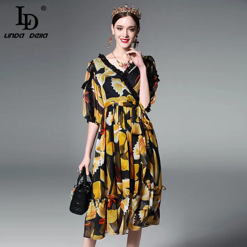 Buy Cheap High Quality New 2017 Fashion Runway Summer Dress Women's Sexy V-neck Lace Patchwork Vintage Chiffon Printed Dress