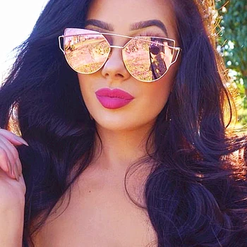 

DPZ Fashion Ladies Metal Rose Gold Sunglasses Brand Design Twin-Beams Pink Sun Glasses Female Cat Eye oculos Mirror