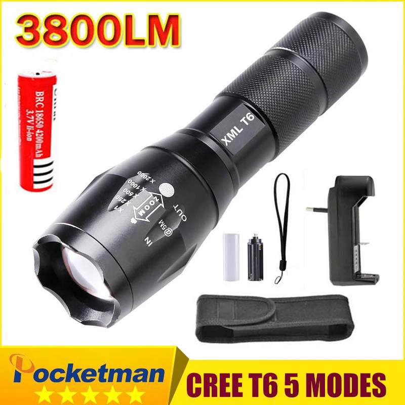 

E17 XM-L T6 3800 Lumens Zoomable LED Flashlight Torch light +2 * 4200mah 18650 Rechargeable Battery + charger + holster