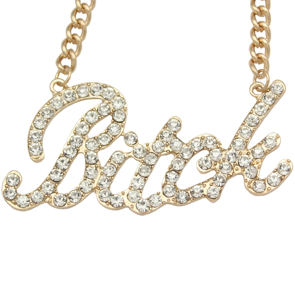 Celebrity Urban Gold Bling Bitch Word Crystal Stone Pendant Chain