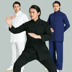 Китайский Винтаж Для мужчин воротник-стойка Тан костюм свободно одноцветное белье тай-чи кунг-фу комплект осень монах Хан фу и штаны плюс