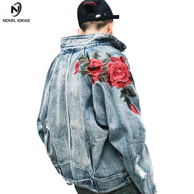 

ROSES DENIM JACKET And Coats Men Autumn Embroidery Broken Holes Retro Denim jacket Male Fashion Cotton Outwear US Size