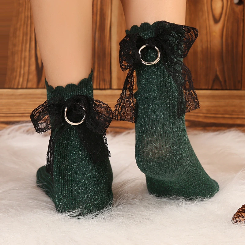Girls Women Glitter Socks Handmade Lace Bowknot High Socks Hipster