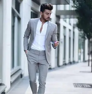 Casual Grey Men Suits Fashion Street Smart Business Male Tuxedo Summer Beach Wedding Suits For Men Prom Party Best Man Suit