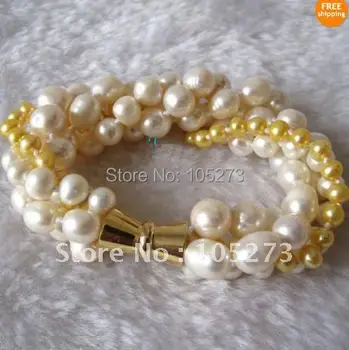 

Charming!7.5-8''inchs Pearl Bracelet AA 3-10MM White&Golen color Genuine Freshwater Pearl Bracelet Strand Magnet clasp FN170