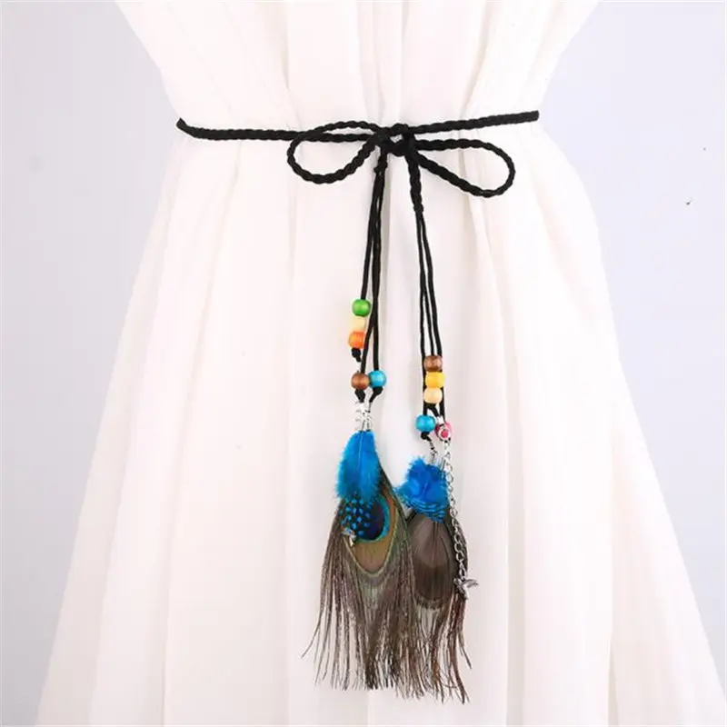 Women Fashion Folk-Custom Peacock Braided Feather Waist Belt Blet for dress shirt fashion accessories 40FE1215