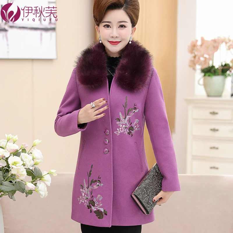 D'âge Hiver Gray red Broderie Yummycook Single A157 Vêtements Femmes Col light Épaississement breasted Laine Lâche Moyen Veste Purple De Fourrure dark Automne Purple wUUqET