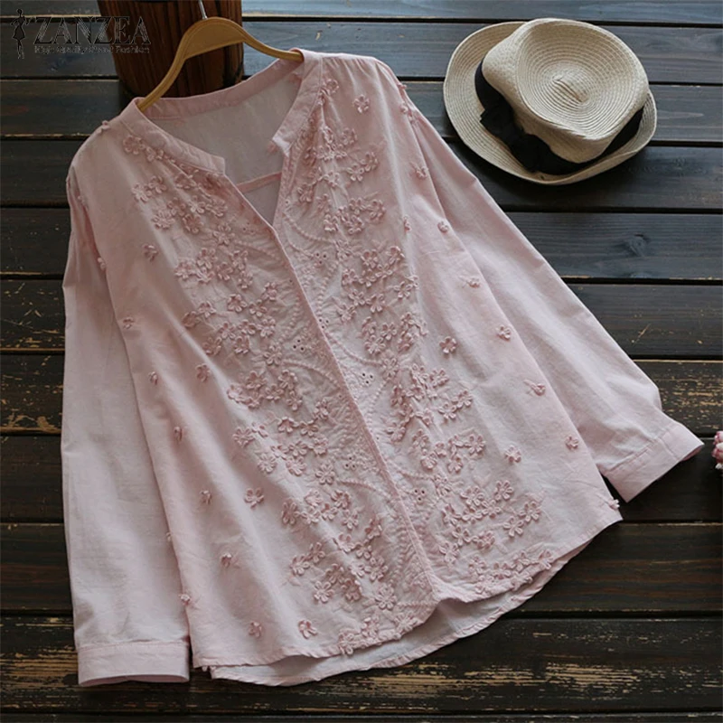 Размера плюс ZANZEA осень-зима Для женщин цветочной вышивкой Блузка с длинными рукавами однотонная жилетка с v-образным вырезом Blusas офисные рубашки женские топы - Цвет: Розовый