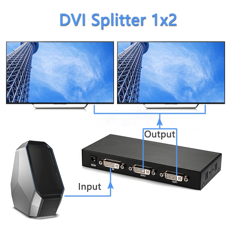 DVI Splitter 1X2 DVI-D Distributor 1 in 2 Out for Engineering Projector Monitor Computer Graphic Card