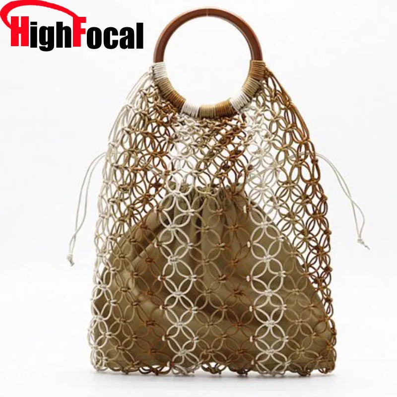 

Straw Bag WovenFashion Beach BagHandmade Cotton Woven Wood Handle Womens HandbagsHollow Rope Drop Shipping