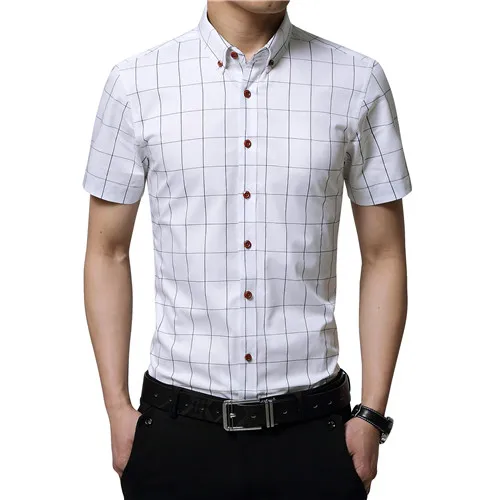 TFETTERS Повседневная Клетчатая Мужская рубашка с коротким рукавом, Мужская официальная одежда, рубашки, хлопок, большой размер, мужская одежда - Цвет: White