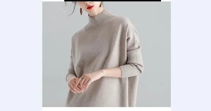 Женское осеннее Новое модное платье-свитер, однотонный длинный свитер с высоким воротом, свободное вязаное платье, пуловеры