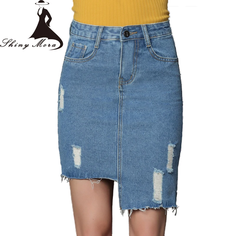 SHINYMORA Summer Pencil Jeans Skirts 2018 Hole Irregular Knee Length
