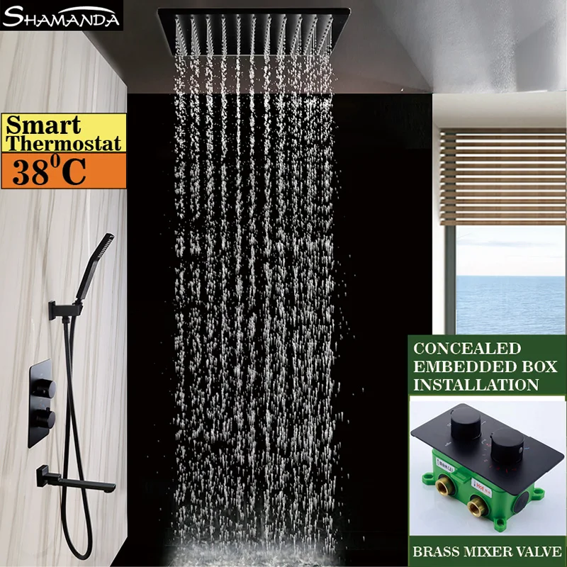 Koop Massief Messing Wandmontage Zwarte Thermostatische Douche Set 3 Functies Ingebed Doos Handheld met 8 10 12 16 Inch Regendouche