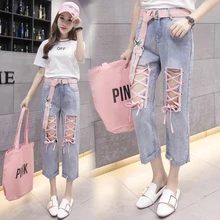 Весна синий бисер тонкий крой эластичная сила Корейская версия мода Kawaii Женские джинсовые штаны