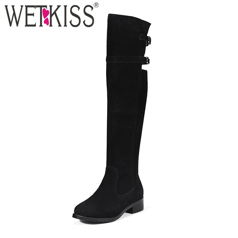 

WETKISS Low Square Heels Knee Boots Women Cow Suede Full Leather Winter Boots Short Plush Buckle Strap Zipper Boots Shoes Woman